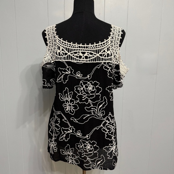 #14)  Lauren Michelle Black and cream Crochet Floral Blouse - Picture 2 of 4